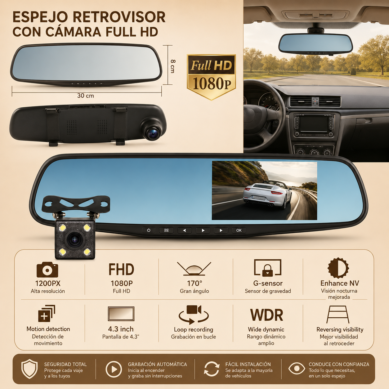 🔥 PROMO🔥 ESPEJO RETROVISOR 4 en 1 PANTALLA TÁCTIL 🚗